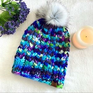 Luxury Merino Wool knit beanie purple blue white pom Handcrafted handmade hat